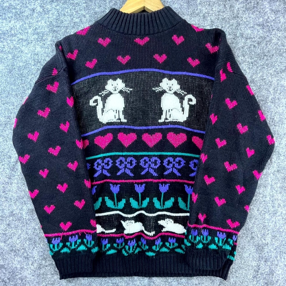 Vintage Adele Knitwear Sweater‎ Women L Hearts Cat Quirky Kitsch Kawaii Grandma